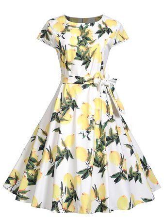 50s Lemon Print Belted Dress | SHEIN