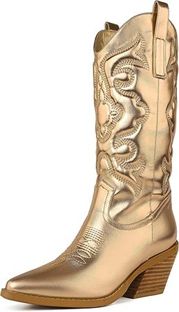 Amazon.com | SO SIMPOK Cowboy Boots for Women Embroidered Stitching Chunky Stacked Heel Cowgirl Boots Snip Toe Slip On Mid Calf Western Boots | Mid-Calf