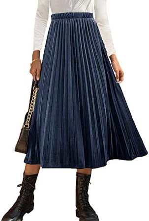 Amazon.com: HERBATOMIA Women’s Pleated Blue Midi Skirt High Elastic Waist Casual A Line Swings Velvet Long Skirts : Clothing, Shoes & Jewelry