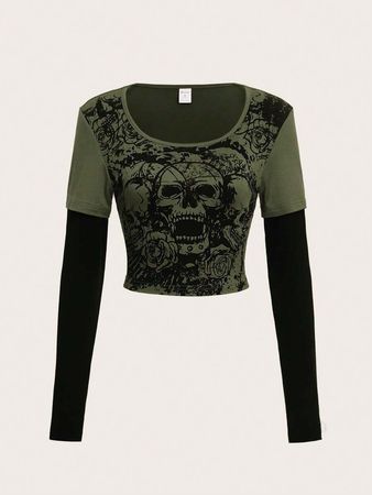 Is That The New Grunge Punk Skull Print 2 In 1 Tee ??| ROMWE USA