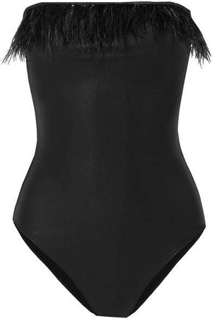 Feather-trimmed Strapless Swimsuit - Black