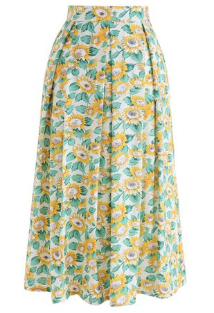 Sunflowers Print A-Line Midi Skirt - Retro, Indie and Unique Fashion