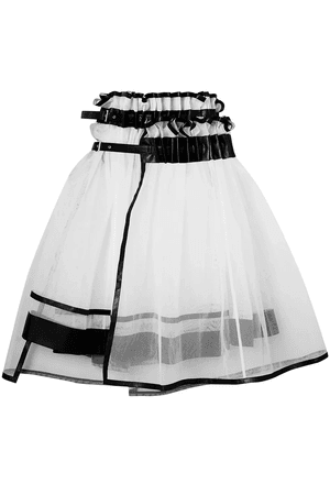 White Asymmetric layered faux leather-trimmed tulle skirt