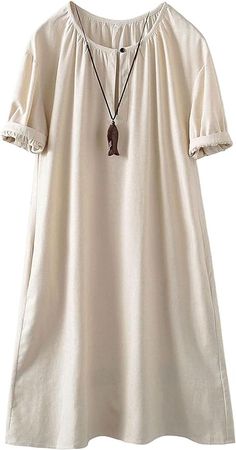 Minibee Women's Cotton Linen Dress Short Sleeve Midi Casual Tunic Dress with Pockets Beige 2XL at Amazon Women’s Clothing store