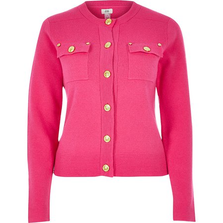 Bright pink button front knitted cardigan | River Island