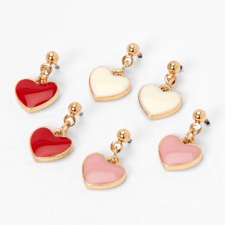 Gold Pink & Red Heart Drop Earrings - 3 Pack | Claire's US