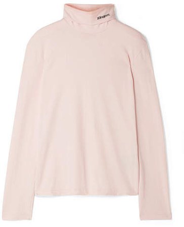 Embroidered Cotton-jersey Turtleneck Top - Pastel pink
