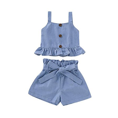 Amazon.com: Toddler Baby Girl Halter Denim Outfits Set Ruffled Strap Crop Tops+Short Pants with Bowknot Belt Summer Clothes Set: Clothing