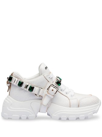 White Miu Miu Crackled Crystal Embellished Sneakers | Farfetch.com