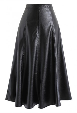 Faux Leather A-Line Midi Skirt in Black - Skirt - BOTTOMS - Retro, Indie and Unique Fashion