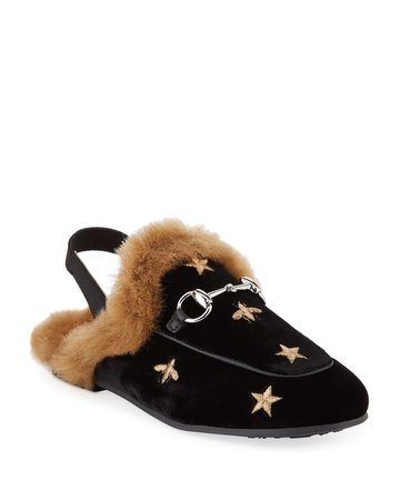 Gucci Princetown Velvet Bee-Embroidered Mule Slides, Toddler/Kids | Neiman Marcus