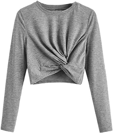 SweatyRocks Women's Crop T-Shirt Tie Front Long Sleeve Cut Out Casual Blouse Top Light Grey XS at Amazon Women’s Clothing store