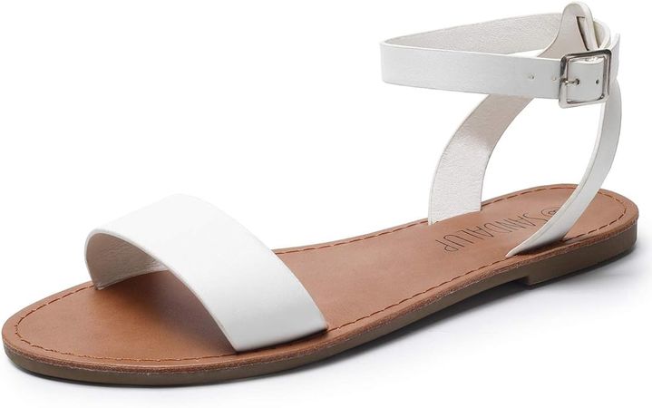 SANDALUP Women's Soft Faux Leather Open Toe and Ankle Strap Buckle Flat Sandals Ankle White 08 | Flats