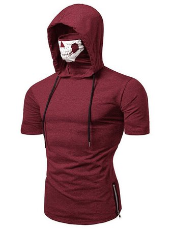 [37% OFF] 2020 Skull Mask Hooded Short Sleeve T Shirt In RED WINE | DressLily