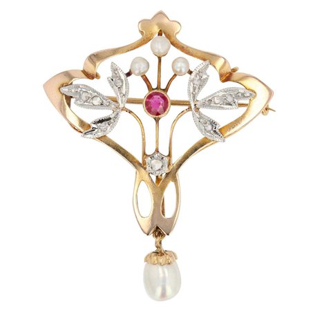 Art Nouveau Natural Pearl Diamond Ruby 18 Karat Yellow Gold Pendant, Brooch For Sale at 1stDibs