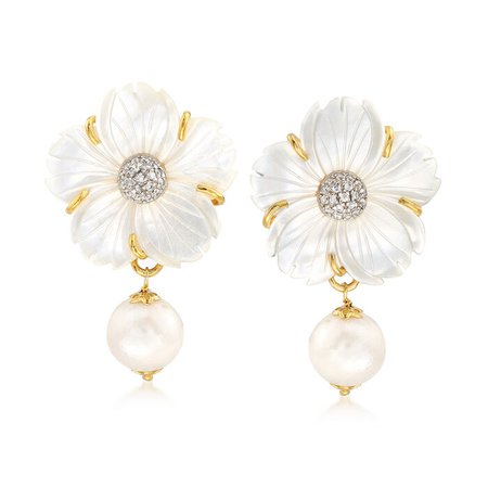 ﻿﻿﻿​​Italian Mother-Of-Pearl and 12mm Cultured Pearl Flower Drop Earrings with CZs in 18kt Gold Over Sterling | Ross-Simons