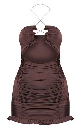 Chocolate Slinky Cut Out Frill Hem Bodycon Dress | PrettyLittleThing USA