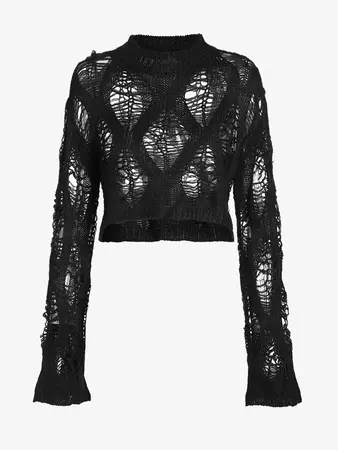 Women's Sexy Ripped Hole Drop Shoulder Crew Neck See Thru Crop Pullover Jumper Sweater In BLACK | ZAFUL 2024
