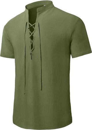 KUYIGO Men's Casual Cotton Linen Short Sleeve Tee Shirt Medieval Pirate Renaissance Slim Fit Henley Shirts Lace Up Beach Hippie Viking Tops Army Green, Small at Amazon Men’s Clothing store