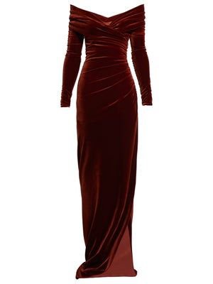 Dark Red Velvet Off Shoulder Wrap Evening Gown