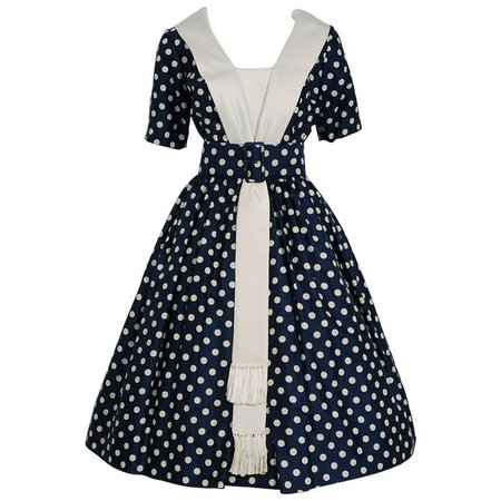 1950's Suzy Perette Navy Polka-Dot Print Silk Belted Full Skirt Dress w/Tags For Sale at 1stdibs