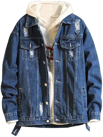 ZAFUL Casual Ripped Denim Jacket Unisex Long Sleeves Cotton Cropped Jean Jacket Coat at Amazon Men’s Clothing store