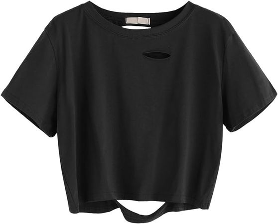 SweatyRocks Women's Summer Short Sleeve Tee Distressed Ripped Crop T-shirt Tops Black S at Amazon Women’s Clothing store