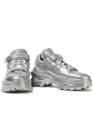 Silver Leather and metallic-trimmed polished faux leather sneakers | Sale up to 70% off | THE OUTNET | MAISON MARGIELA | THE OUTNET