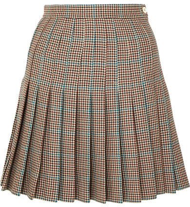 Pleated Checked Wool Mini Skirt - Brown