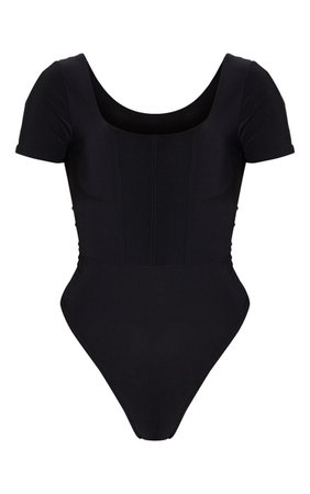Black Slinky Boned Short Sleeve Bodysuit | PrettyLittleThing USA