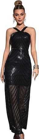 Amazon.com: Cross Halter Sleeveless Sequins Maxi Dress Vintage Sequin Evening Party Dress Formal Gowns : Clothing, Shoes & Jewelry