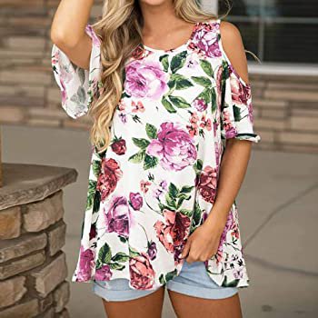 Lethez Women Floral Print Cold Shoulder Short Sleeve T Shirt Casual Flower Printed Tops Blouse Tee (L, White) at Amazon Women’s Clothing store