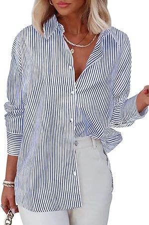 Diosun Womens Striped Button Down Shirts Classic Long Sleeve Stylish Collared Office Work Blouses Tops (Small, Blue) at Amazon Women’s Clothing store