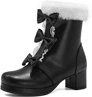Women Fashion Block High Heels Platform Sweet Bownot Ankle Boots Side Zipper Warm Fur Short Booties Cosplay Lolita Princess Shoes | Ankle & Bootie