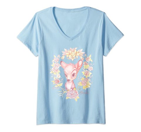 Amazon.com: Womens Disney Easter Bambi Floral Watercolor Portrait V-Neck T-Shirt: Clothing