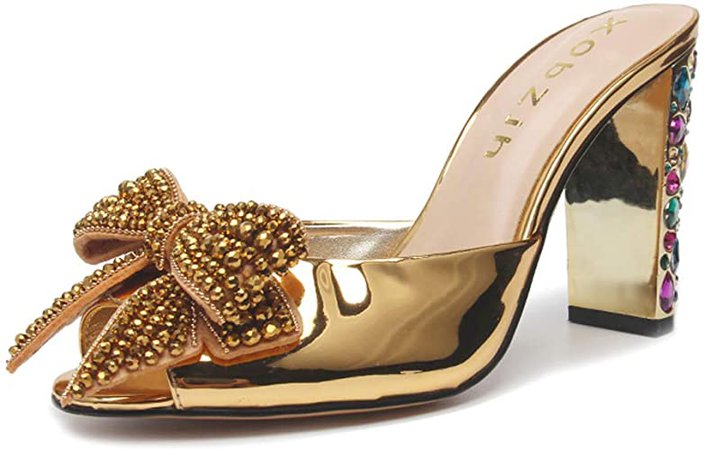 Amazon.com | jingyibest designer slides evening gold dress shoes for womens -open toe rhinestone heels formal sandals for women- jewel block heels wedding clear shoes | Heeled Sandals