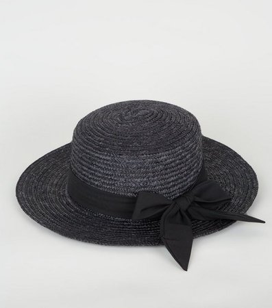 Black Woven Straw Effect Boater Hat | New Look