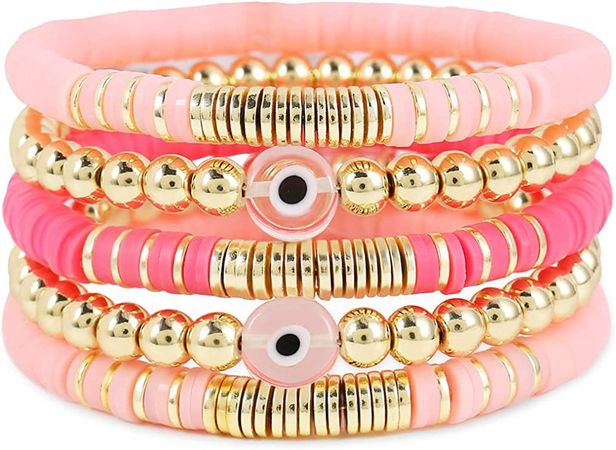 Amazon.com: Pink Beaded Stretch Bracelets Set for Women Smile Blue Evil Eye Polymer Summer Beach Jewelry Gifts For Bestfriends, Couple, Family Members, Siblings, Sister, Lover: Clothing, Shoes & Jewelry