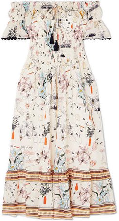 Off-the-shoulder Smocked Printed Cotton-voile Dress - White