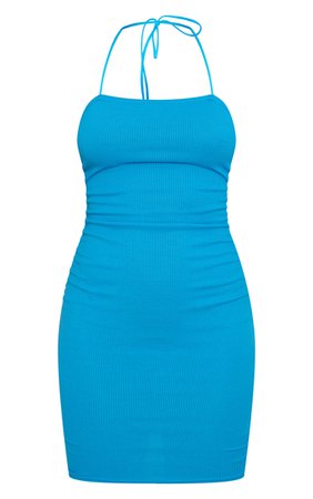 Bright Blue Rib Sides Strappy Halterneck Dress | PrettyLittleThing USA