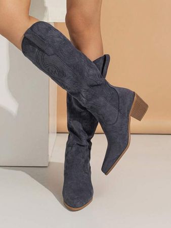 Mid-heel Women's Western Style Embroidered Pointed Toe Slip-on Fashion Boots | SHEIN USA