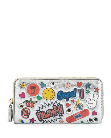 Anya Hindmarch All Over Wink Sticker Large Zip-Around Wallet, Silver/Multi