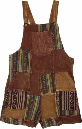 short brown patchwork hippie overalls