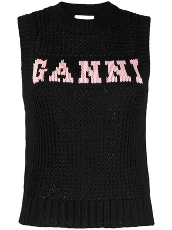GANNI Logo intarsia-knit round-neck Top - Farfetch