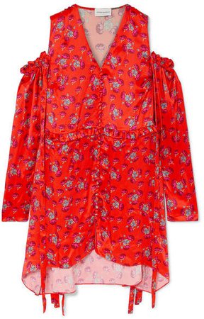 Trento Cold-shoulder Ruffled Floral-print Silk-satin Dress - Red