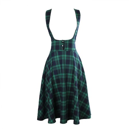 AliExpress vintage 50s high waist midi swing circle green tartan plaid suspender skirt