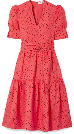 Holliday Belted Polka-dot Linen-blend Midi Dress - Papaya