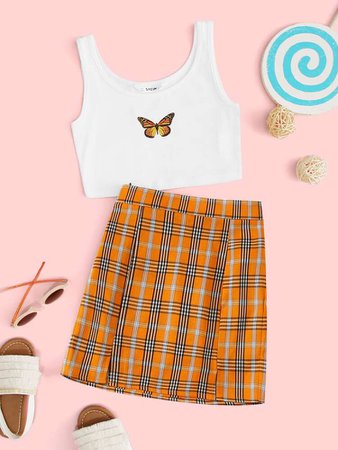 Girls Butterfly Print Tank Top and Tartan Skirt Set | SHEIN USA