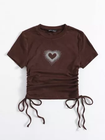 brown Rhinestone Heart Pattern Drawstring Ruched Side Rib-knit Tee | SHEIN USA