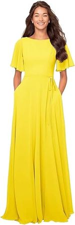 Amazon.com: WOIDOCE Chiffon Long Bridesmaid Dresses with Sleeve Boat Neck A Line Flutter Formal Party Dress for Women with Pockets : Clothing, Shoes & Jewelry